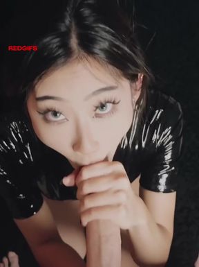 Slim Asian Goth GF gives a deepthroat cumshot