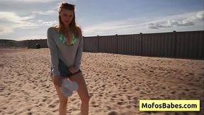 Naughty natural busty blonde teen Sahara Skye suck her friends dick Charles Dera and reveal her boobs at the beach