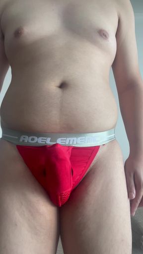 Seductive Accentuating Bulge Red Briefs TryOn Leads to Massive Cumshot