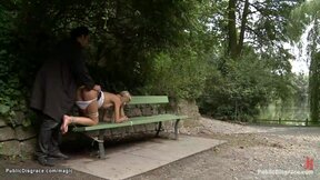 Strapped blonde fucked in the woods