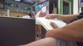 He takes out his big cock in the kitchen
