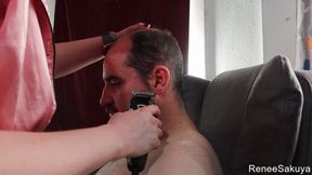 Shaving his head from multiple angles upclose