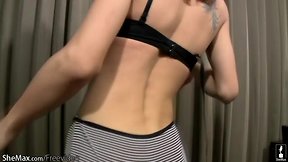 Skinny redhead shemale with low h. balls tugs two cocks