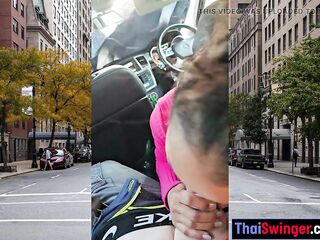 Public POV blowjob in a car by horny and busty Asian MILF slut