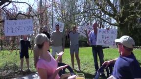 Amateur blonde girl gangbanged by 5 grandfathers outdoors