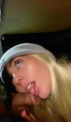 Blue-Eyed Blonde Cutely Sucks and Swallows Cum Under the Table