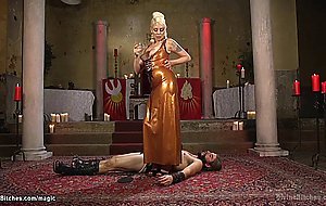 Busty femdom whips and pegs man slave