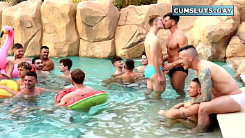 Pool party turns into crazy gay fuck fest! Twink Flynn Felix takes all men, and he is filled up inside and covered with a sticky mess outside and still begging for more!