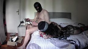 bound and hooded in a catsuit and high heels, i m roughly fucked in ass, pussy and mouth