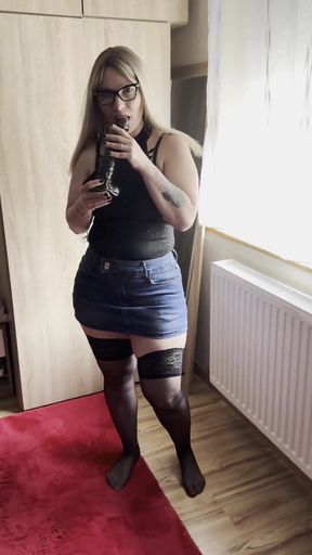 Masturbating with a Huge Black Cock in a Denim Miniskirt