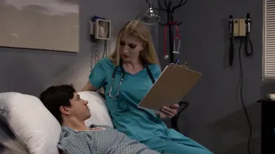 Busty trans nurse Janelle Fennec reveils her patients boner.As a good nurse the big tits shemale