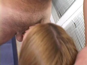Pretty whore gets a load in her mouth after sucking dick and giving a rimjob