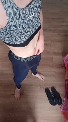 Sissy Twink Crossdresser In Jeans And Crop Top Changes Into Running Tights And Sports Bra For Close-Up Masturbation