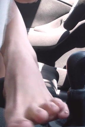 Revving and Crazy Pedal Pumping in White Stockings and White High Peeptoed Heeled Sandals