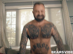 Bearded lovers missionary fucking after intense blowjob