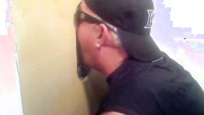 ”Two sexy visitors take turns for a sexy glory hole blowjob”