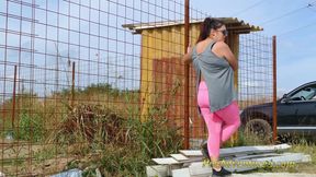 Fat Brunette with Sunglasses Pee in Her Tights on a Dirt Road and Then She Pee on the Concrete in Front of a House