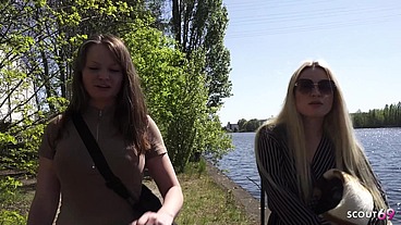Two Lesbian Girls caught Outside while sunbathing and seduce to Public FFM 3Some Sex with Stranger in Berlin