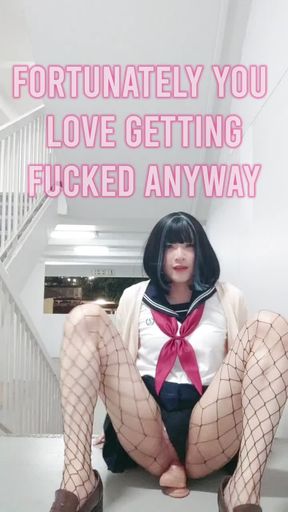 chinese sissy in school uniform masturbating with a dildo in public (with sissy captions)
