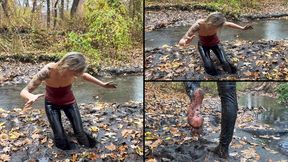Anastasia gets stuck, loses her boots in the mud and walking barefoot