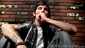 Smoking bitch Lex jacks off his tool by the fireplace solo