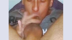 self-sucking with facial cum and cucumber masturbation. sexy autofelation