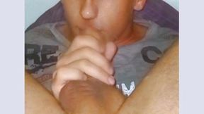 self-sucking with facial cum and cucumber masturbation. sexy autofelation