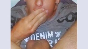 self-sucking with facial cum and cucumber masturbation. sexy autofelation