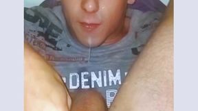 self-sucking with facial cum and cucumber masturbation. sexy autofelation