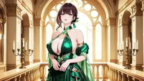Teasing blonde in a green halter gown on sun-drenched balconies