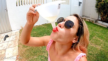 Drinking pee on the garden outdoor!! Funell!!