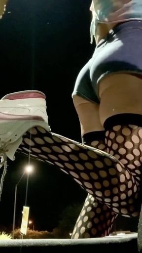 Sexy ass tight jean shorts and fishnets on outdoor display hot sissy TS