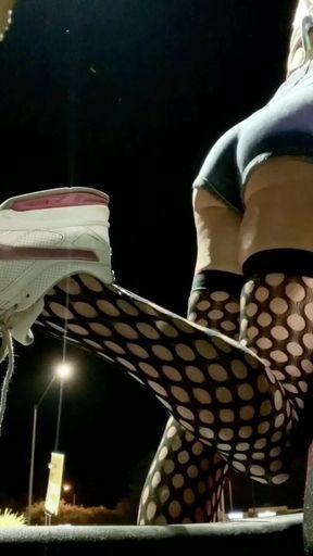 Sexy ass tight jean shorts and fishnets on outdoor display hot sissy TS