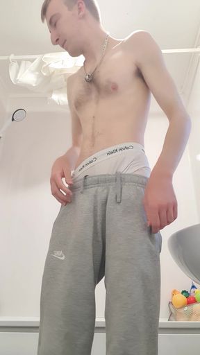 Risky wank in bathroom cock slapping