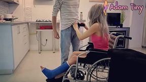 Slut with broken ankle and a leg cast in a wheelchair asked for my help, gave her some cum on her face, and in her eyes, instead feat. Naughty Adeline and Adam Tiny