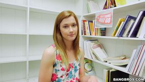 A guy shows his fuck skills to nerdy Alaina Dawson in a bookstore in POV