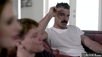 Redhead girlfriend watches her bf stare at her &mdash;  he seduces her into sex &mdash;  she deep throats and gets pounded