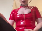 Scandinavian goth trans girl in red latex jerks 7inch cock