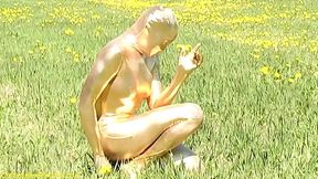 Sexy ebony babe in skintight golden spandex catsuit posing outdoor