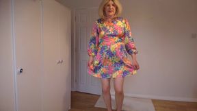Pretty summer dress, nude pantyhose and heels