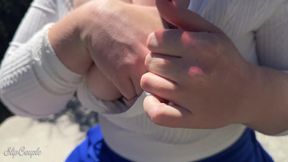 Public and risky, sloppy handjob on a bench during hiking