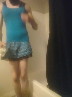 Trying on clothes in the bathroom