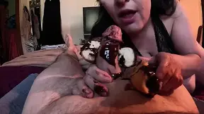 Amateur brunette tongues giant chocolate syrup-covered donut before deepthroating massive cock