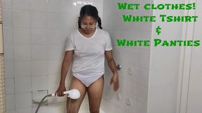 Wet clothes! white oversized tshirt and full back white paties wmv