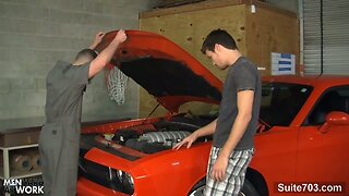 Sexy gay mechanic gets fucked in the garage