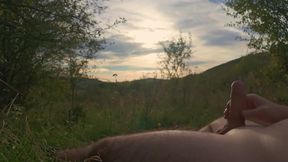 Lazy jack off in nature to the sunset