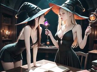 Lesbo Witches [AI] Tribbing Tribadism Giving a kiss Trib With Magic Wands Various Angles Library