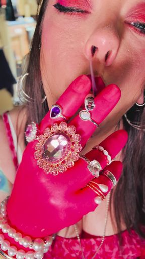 All In Pink! The Fabulous Smoker Tina Snua Wears Pink Latex Gloves &amp; Rings &amp; Smokes A cigarette For You