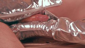 big ass facesitting handjob- latina milf edges skinny guy& makes him taste cum, in raincoat, thigh-high boots, leather glove