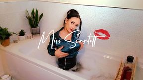 Scarlett's bath time in SEXY SATIN teal blouse and leather skirt (WAM)